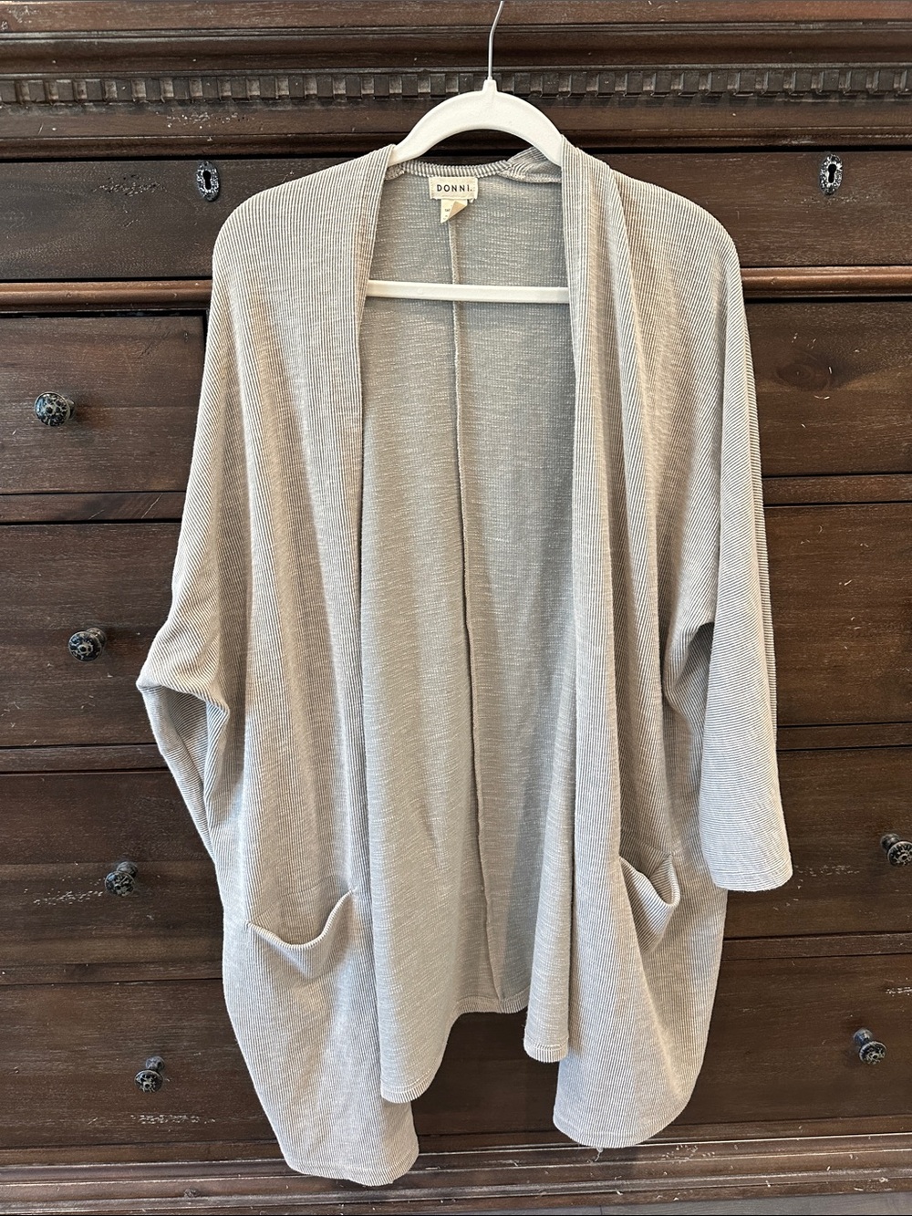 DONNI. Open-Front Taupe Draped Women's Cardigan